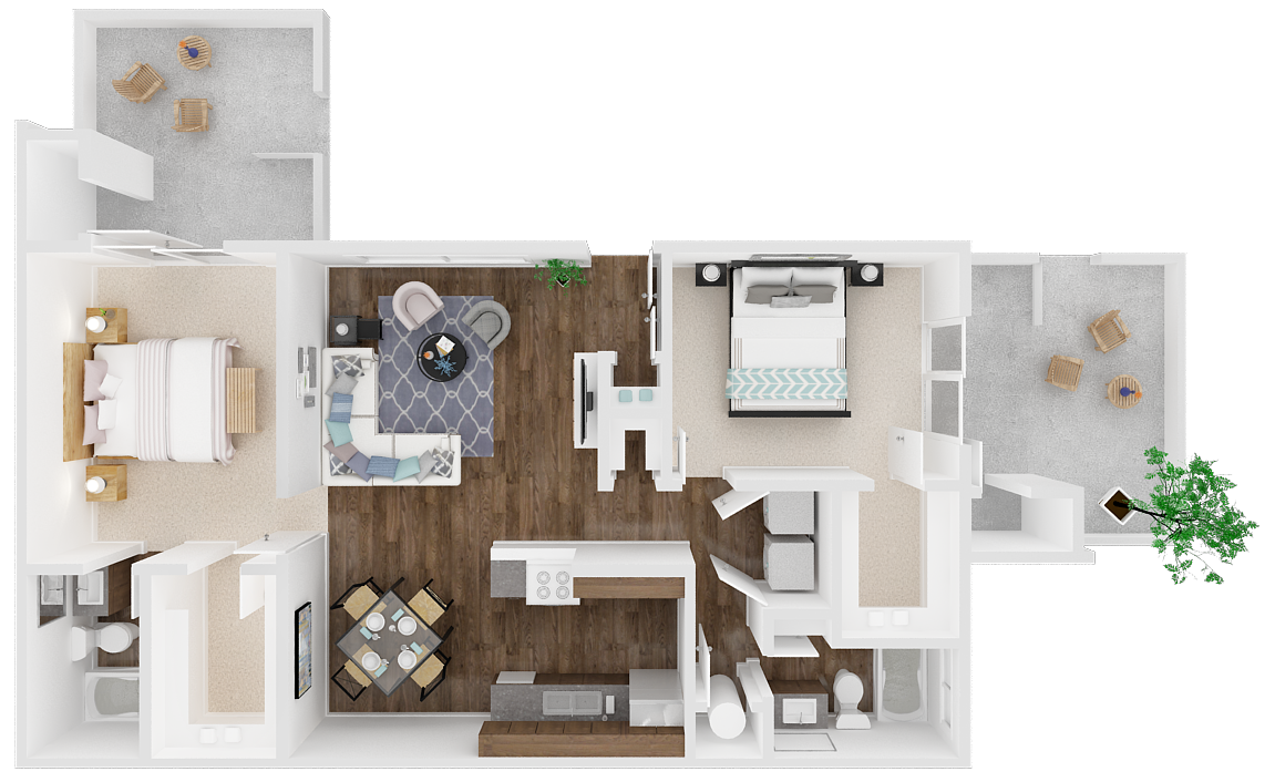 Floor plan for 2 beds, 2 baths, 955 sqft
